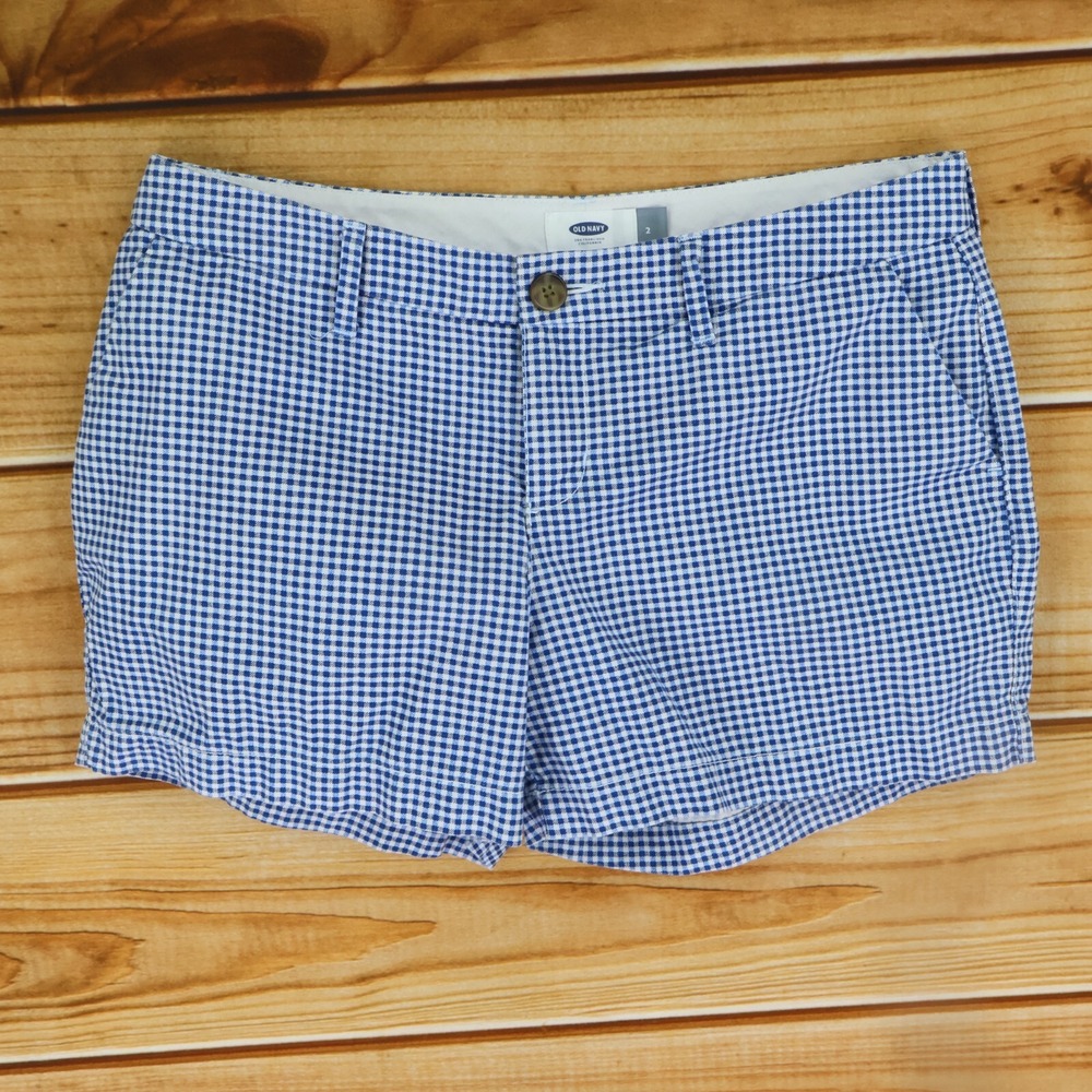 Old Navy Shorts Womens Size 2 Blue White Checks 100% Cotton Pockets Flat Front